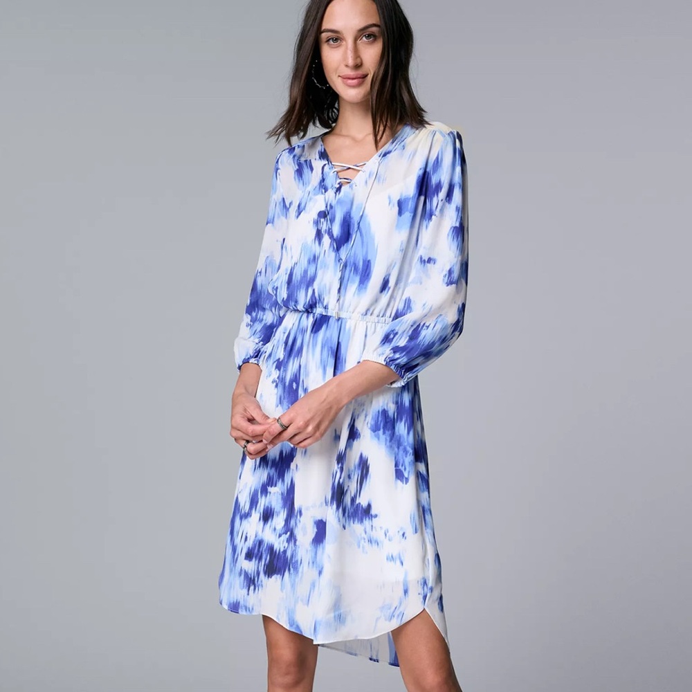 Simply Vera Vera Wang Blue and White Lace-Up Dress Midi Length Size Medium
